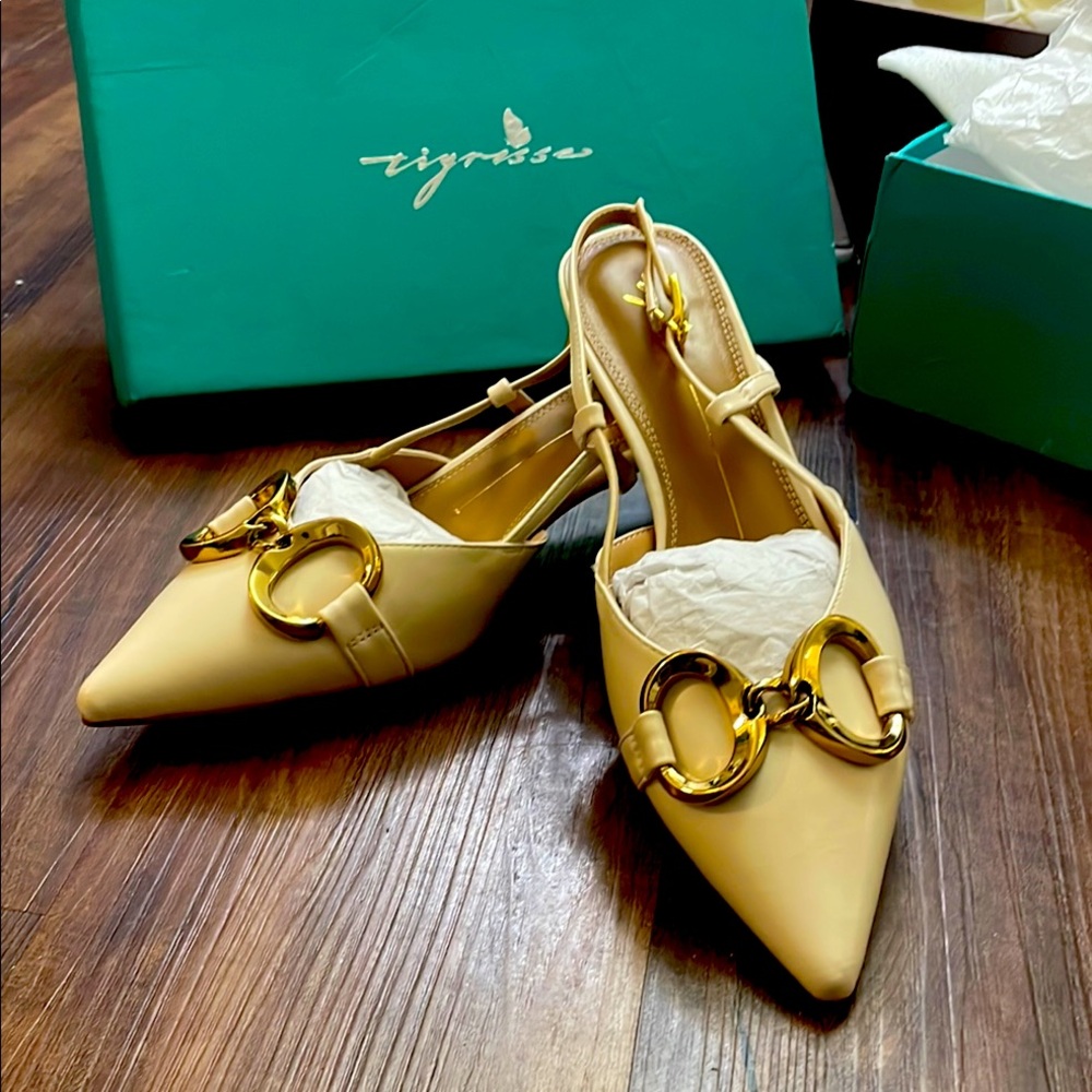 Cream Gold Embellished Slingback Genuine Leather Heels